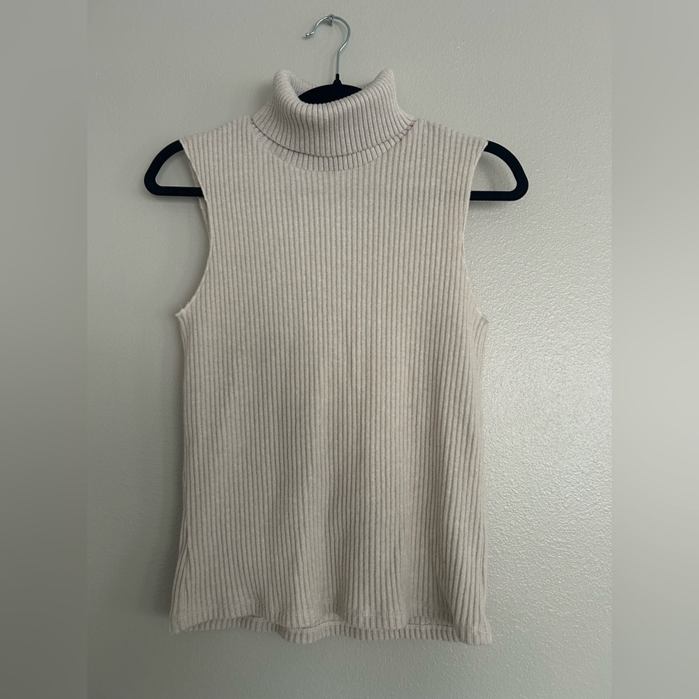 Zara Beige Turtleneck Sleeveless Sweater Top Size Small Ribbed Trim Cozy